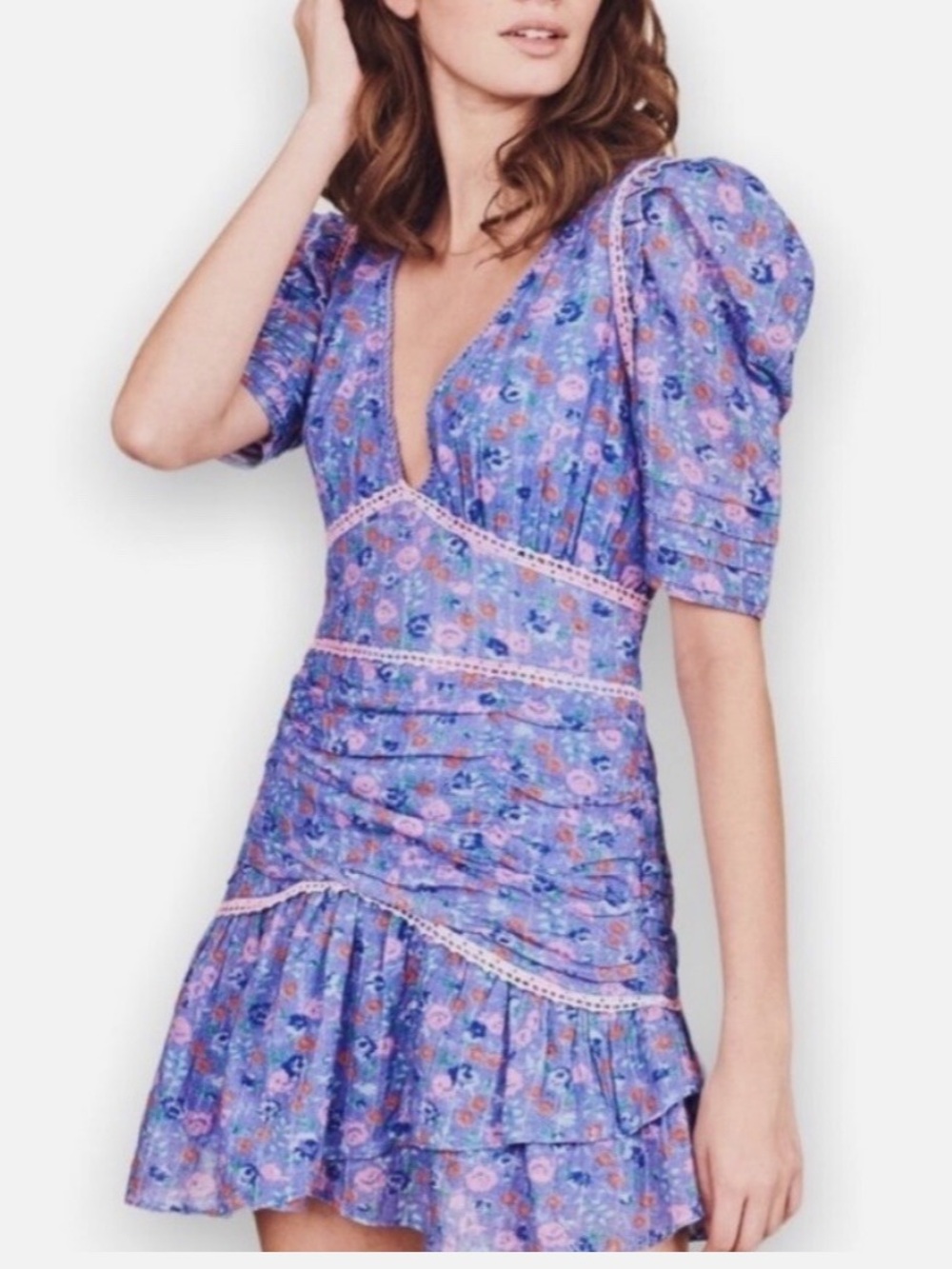 LoveShackFancy Floral V-Neck Puff Sleeve “Arlo” Mini Dress